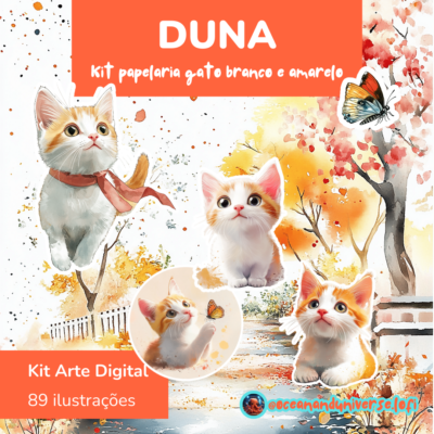 Kit Digital DUNA com tema de gato branco e amarelo: ilustração encantadora de gatos em um cenário outonal, com folhas coloridas, borboleta e elementos de papelaria criativa. Contém 89 itens exclusivos para personalização