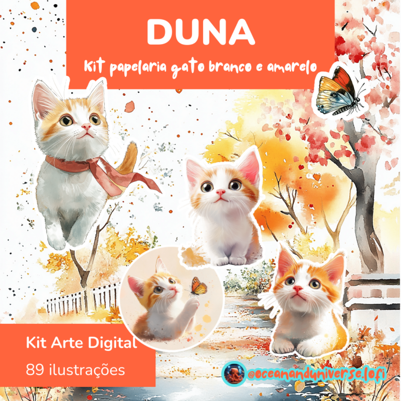 Kit Digital DUNA com tema de gato branco e amarelo: ilustração encantadora de gatos em um cenário outonal, com folhas coloridas, borboleta e elementos de papelaria criativa. Contém 89 itens exclusivos para personalização