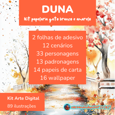 Kit Digital DUNA com tema de gato branco e amarelo: lista de conteúdo com 89 itens, incluindo adesivos, cenários, personagens, padronagens, papéis de carta e wallpapers, em um cenário com árvores e folhas outonais.