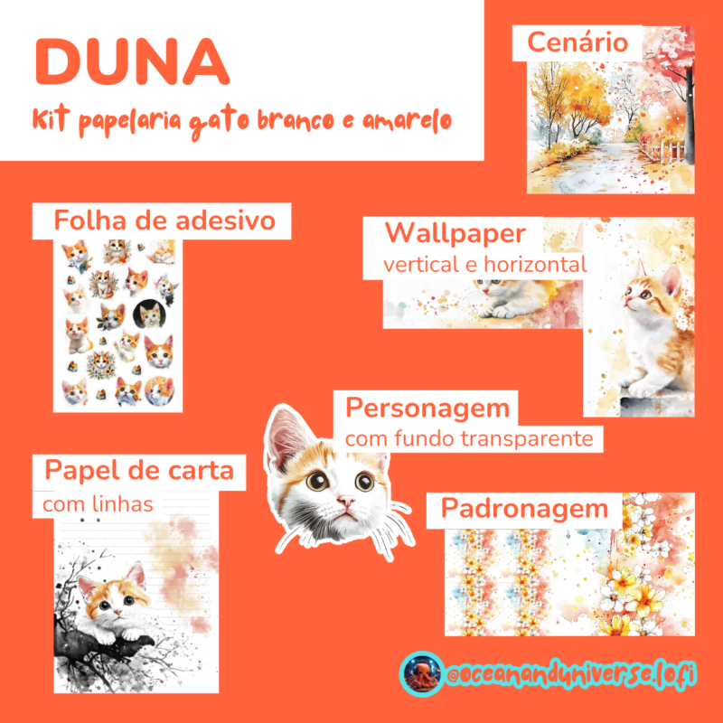 Kit Digital DUNA com tema de gato branco e amarelo: detalhes dos itens incluídos, como folha de adesivos, cenários outonais, wallpapers verticais e horizontais, papéis de carta com linhas, padronagens florais e personagens com fundo transparente