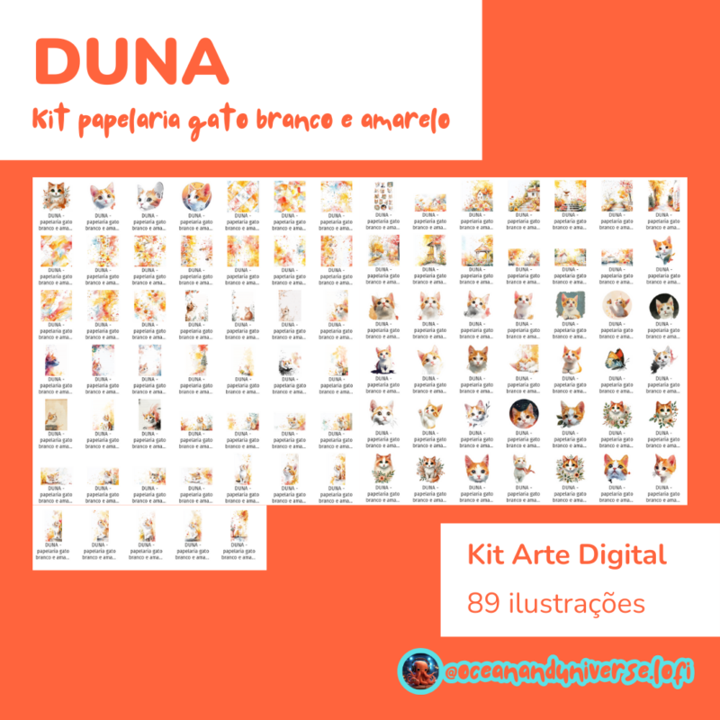 Kit Digital DUNA com tema de gato branco e amarelo: lista de conteúdo com 89 itens, incluindo adesivos, cenários, personagens, padronagens, papéis de carta e wallpapers, em um cenário com árvores e folhas outonais.