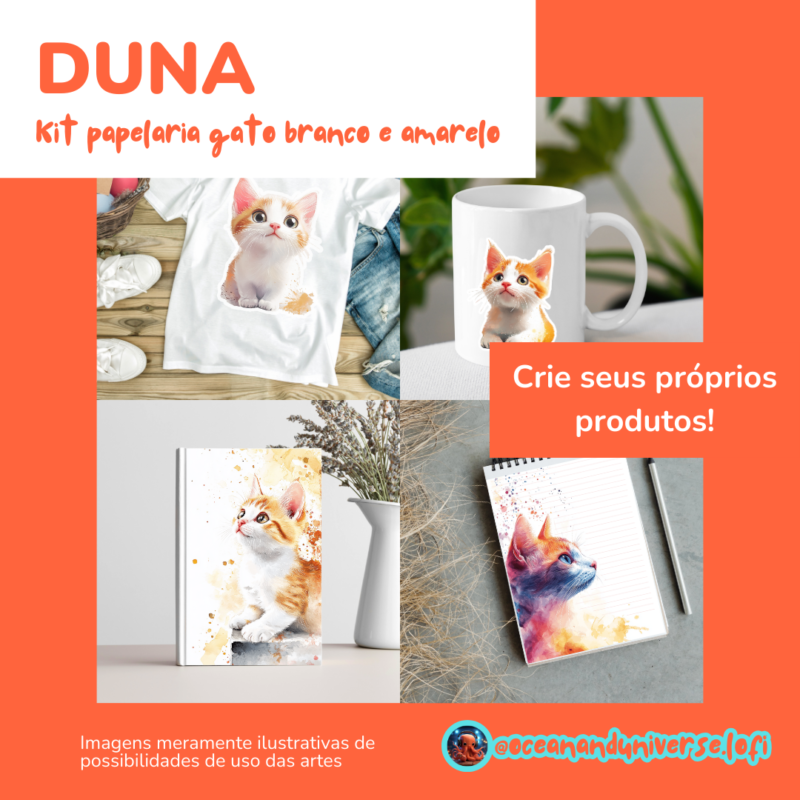 Kit Digital DUNA com tema de gato branco e amarelo: detalhes dos itens incluídos, como folha de adesivos, cenários outonais, wallpapers verticais e horizontais, papéis de carta com linhas, padronagens florais e personagens com fundo transparente