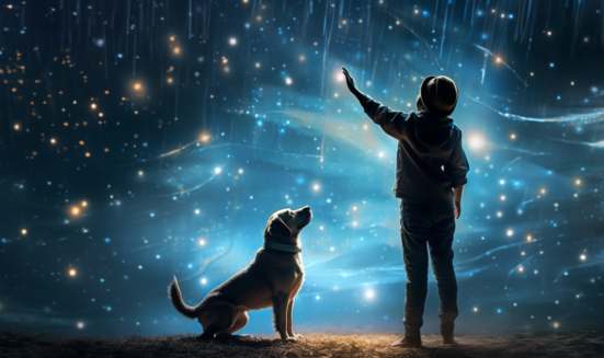grupomid2076_An_enchanting_digital_art_image_of_a_dog_and_its_o_c7f43f9d-d82e-4c88-b2fd-bb979c81d2f6 criança tocando o universo acompanhada de seu cachorro